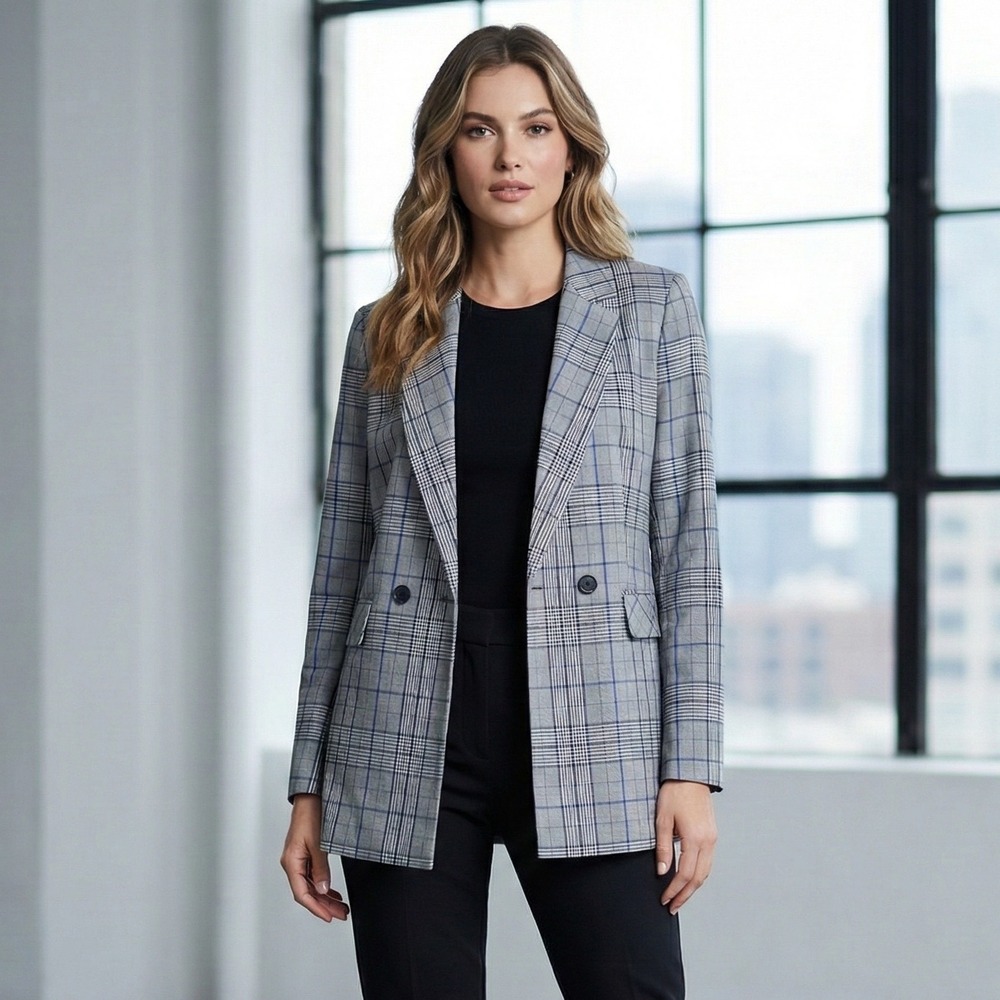 Halogen Womens Double Breasted Plaid Blazer XS Blue Grey Black Tailored Career